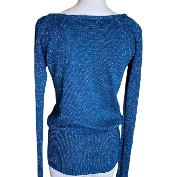 Tulle Sparkly Blue V- Neck Sweater Blue Size M - Picture 5 of 7